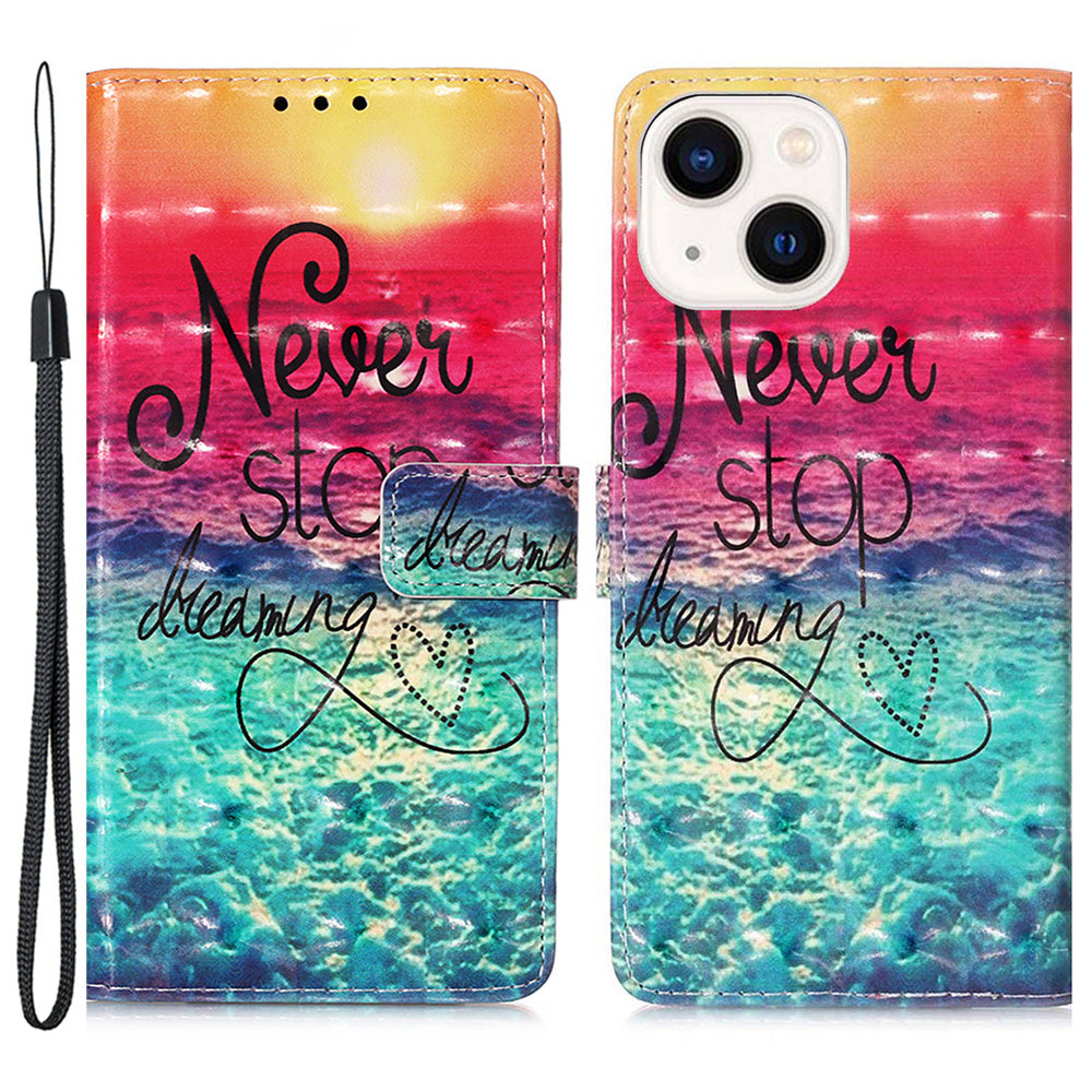 YB Pattern Printing Leather Series-2 for iPhone 15 Plus Wallet Cover 3D Pattern Printed Leather Stand Phone Case - Never Stop Dreaming