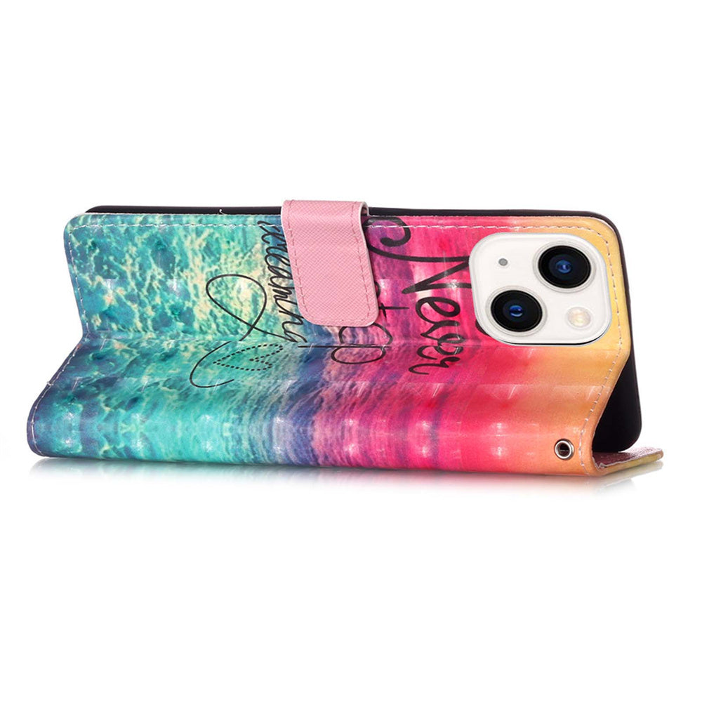 YB Pattern Printing Leather Series-2 for iPhone 15 Plus Wallet Cover 3D Pattern Printed Leather Stand Phone Case - Never Stop Dreaming