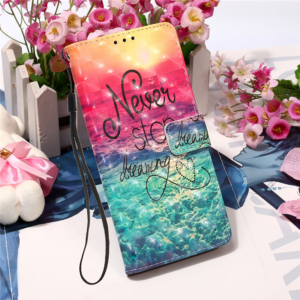 YB Pattern Printing Leather Series-2 for iPhone 15 Plus Wallet Cover 3D Pattern Printed Leather Stand Phone Case - Never Stop Dreaming