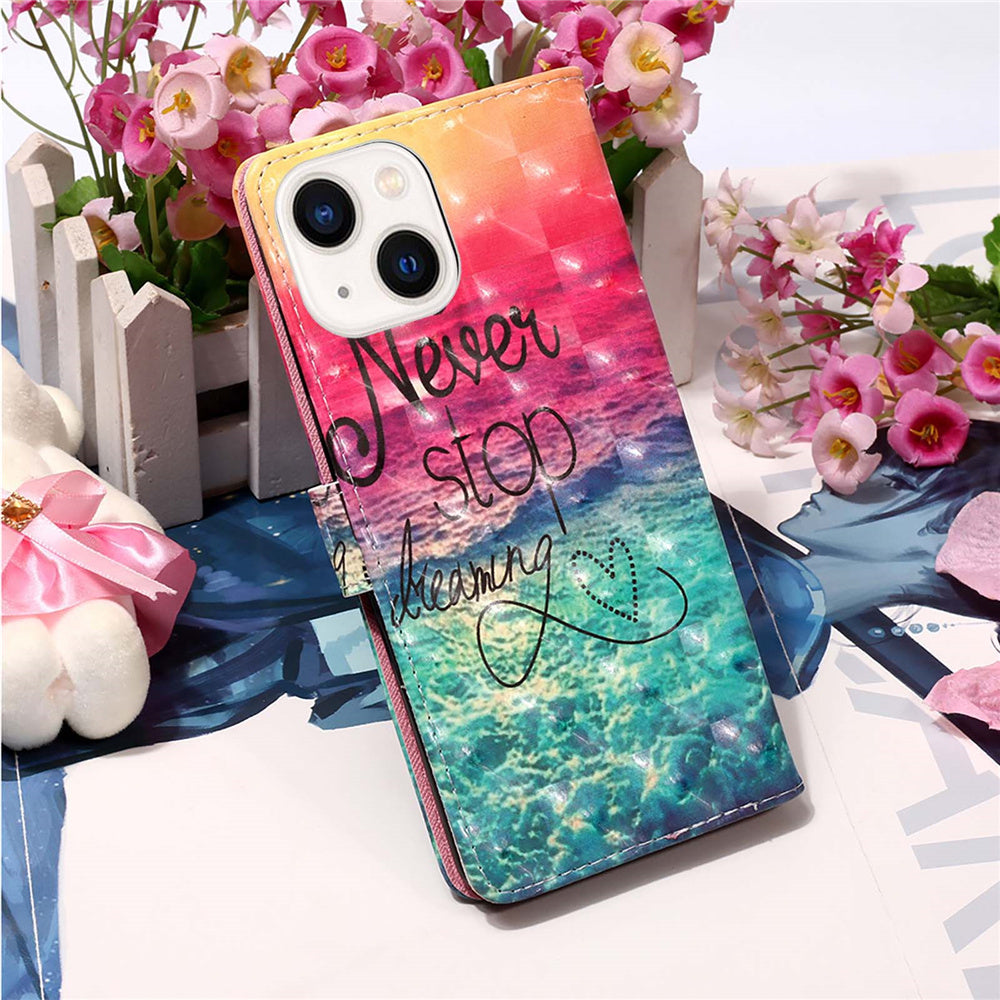 YB Pattern Printing Leather Series-2 for iPhone 15 Plus Wallet Cover 3D Pattern Printed Leather Stand Phone Case - Never Stop Dreaming