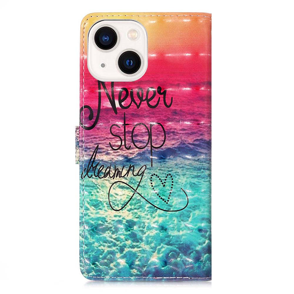 YB Pattern Printing Leather Series-2 for iPhone 15 Plus Wallet Cover 3D Pattern Printed Leather Stand Phone Case - Never Stop Dreaming