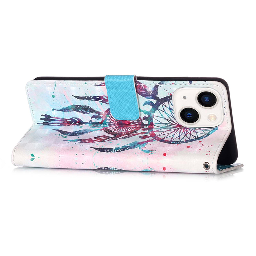 YB Pattern Printing Leather Series-2 for iPhone 15 Plus Wallet Cover 3D Pattern Printed Leather Stand Phone Case - Colorful Wind Chime
