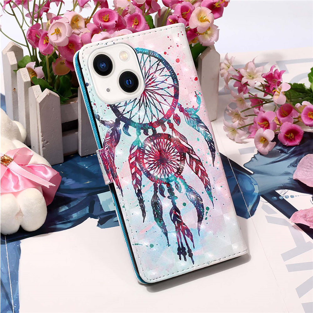 YB Pattern Printing Leather Series-2 for iPhone 15 Plus Wallet Cover 3D Pattern Printed Leather Stand Phone Case - Colorful Wind Chime