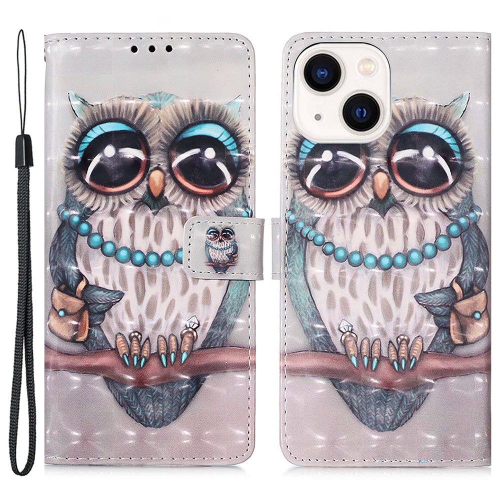 YB Pattern Printing Leather Series-2 for iPhone 15 Plus Wallet Cover 3D Pattern Printed Leather Stand Phone Case - Grey Owl