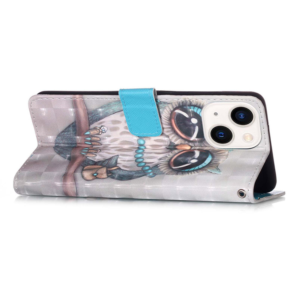 YB Pattern Printing Leather Series-2 for iPhone 15 Plus Wallet Cover 3D Pattern Printed Leather Stand Phone Case - Grey Owl