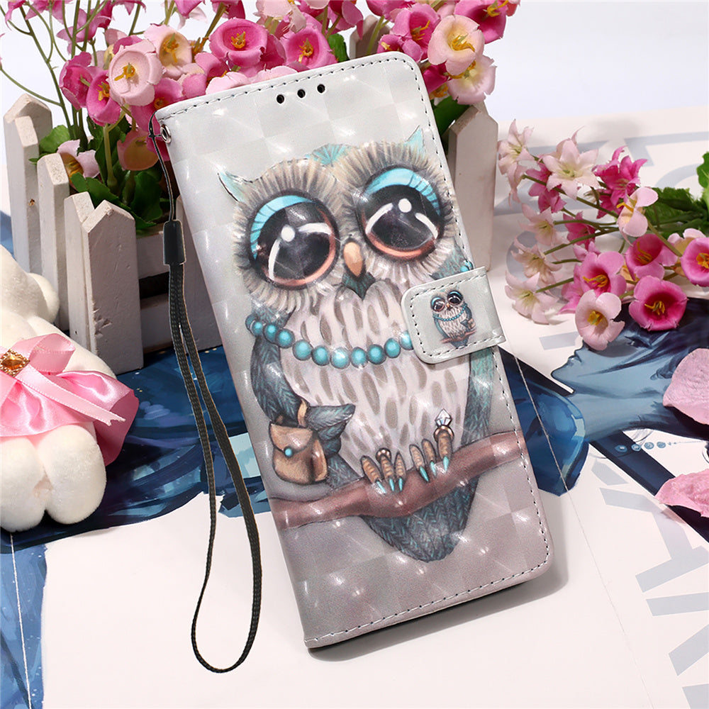 YB Pattern Printing Leather Series-2 for iPhone 15 Plus Wallet Cover 3D Pattern Printed Leather Stand Phone Case - Grey Owl