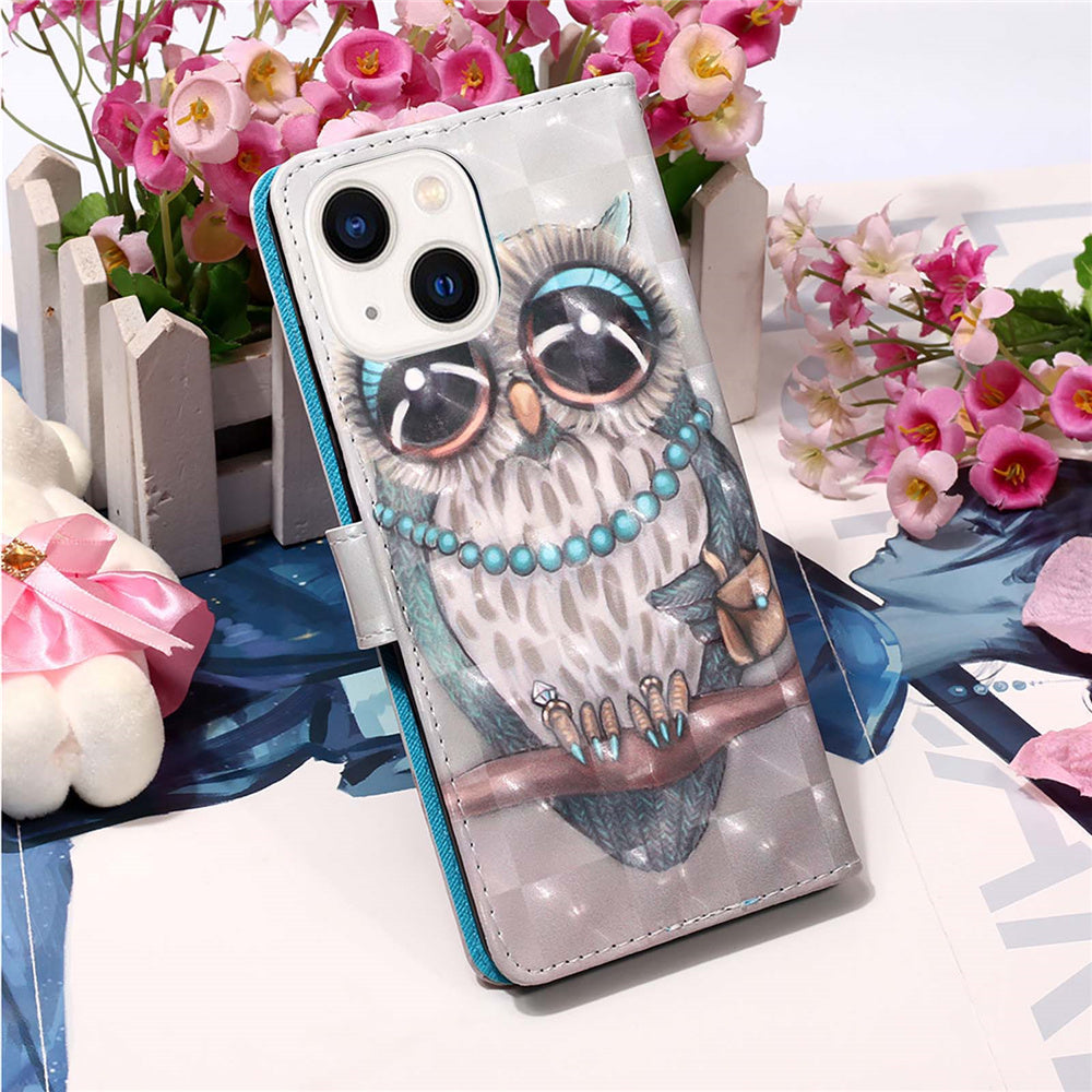 YB Pattern Printing Leather Series-2 for iPhone 15 Plus Wallet Cover 3D Pattern Printed Leather Stand Phone Case - Grey Owl