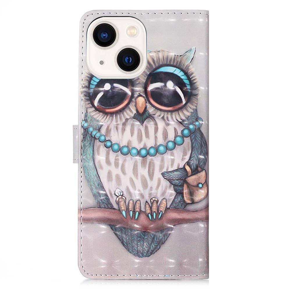 YB Pattern Printing Leather Series-2 for iPhone 15 Plus Wallet Cover 3D Pattern Printed Leather Stand Phone Case - Grey Owl