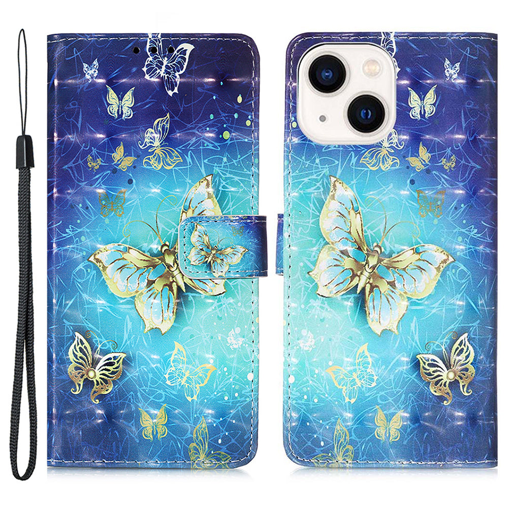 YB Pattern Printing Leather Series-2 for iPhone 15 Plus Wallet Cover 3D Pattern Printed Leather Stand Phone Case - Golden Butterflies