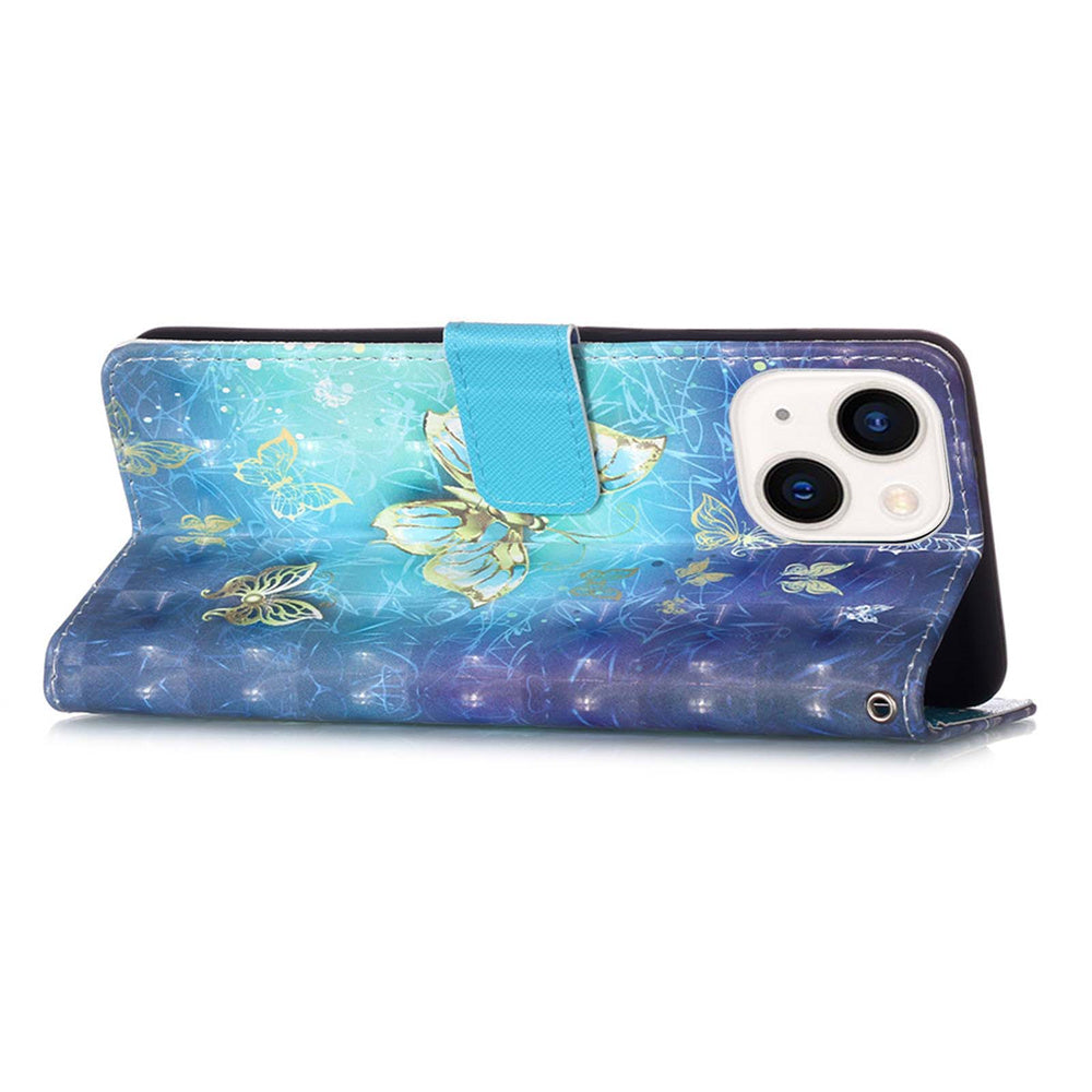 YB Pattern Printing Leather Series-2 for iPhone 15 Plus Wallet Cover 3D Pattern Printed Leather Stand Phone Case - Golden Butterflies