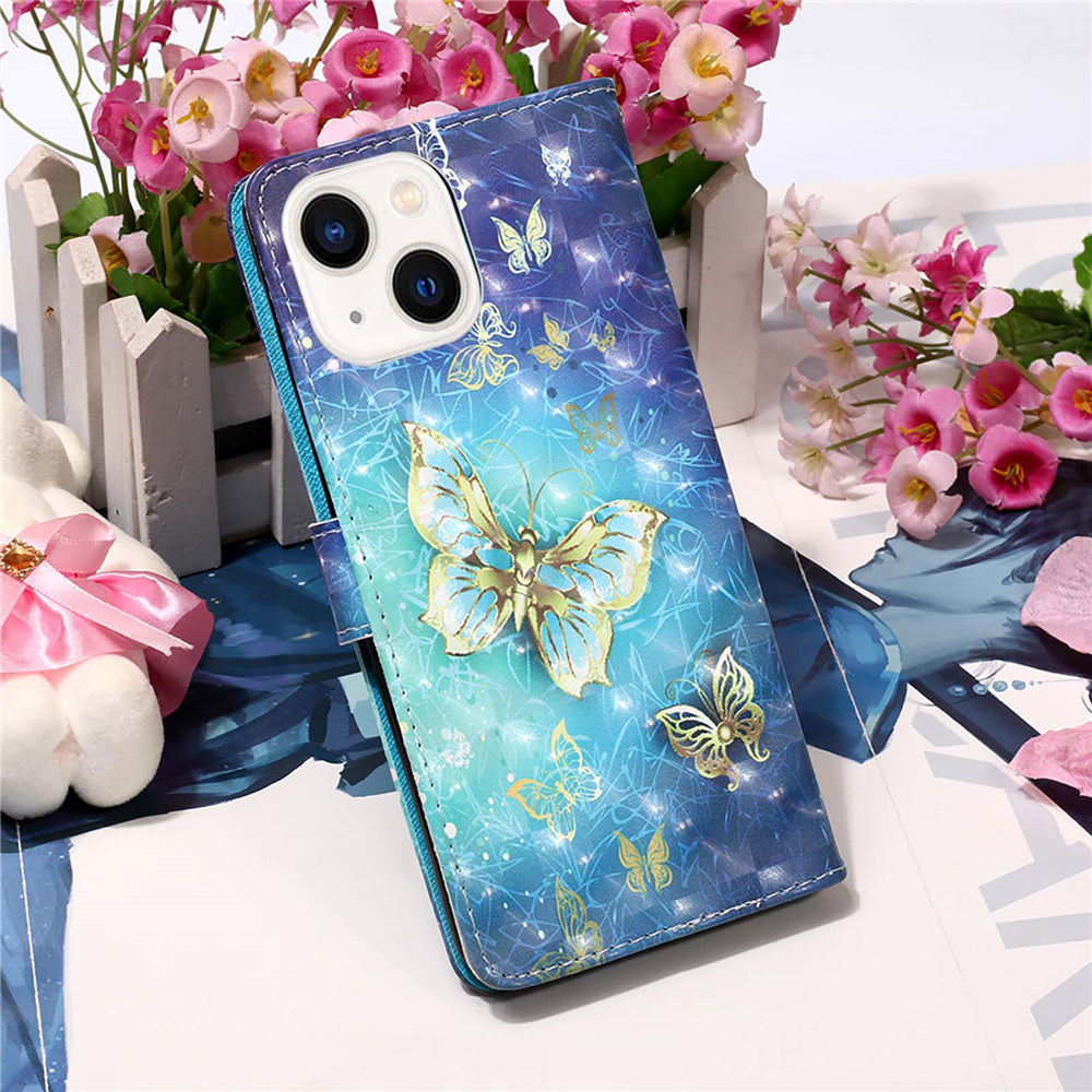 YB Pattern Printing Leather Series-2 for iPhone 15 Plus Wallet Cover 3D Pattern Printed Leather Stand Phone Case - Golden Butterflies