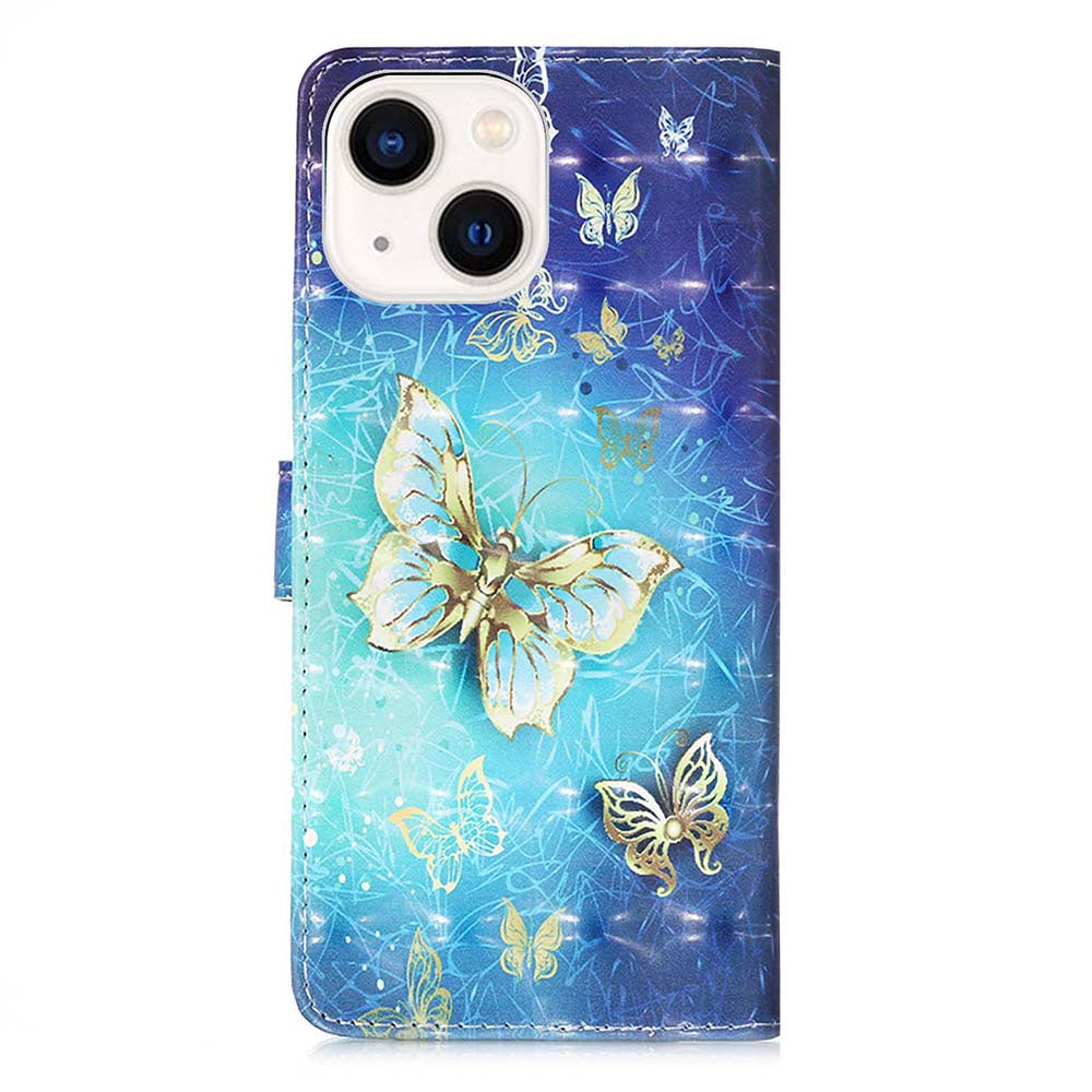 YB Pattern Printing Leather Series-2 for iPhone 15 Plus Wallet Cover 3D Pattern Printed Leather Stand Phone Case - Golden Butterflies