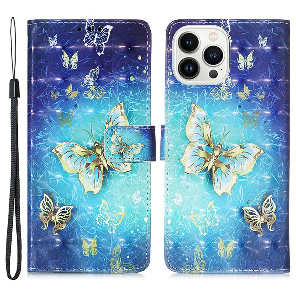 YB Pattern Printing Leather Series-2 for iPhone 15 Pro Max Wallet Phone Case 3D Pattern Printed Stand Cover - Golden Butterflies