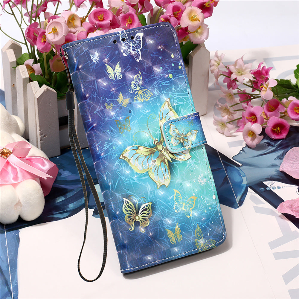 YB Pattern Printing Leather Series-2 for iPhone 15 Pro Max Wallet Phone Case 3D Pattern Printed Stand Cover - Golden Butterflies
