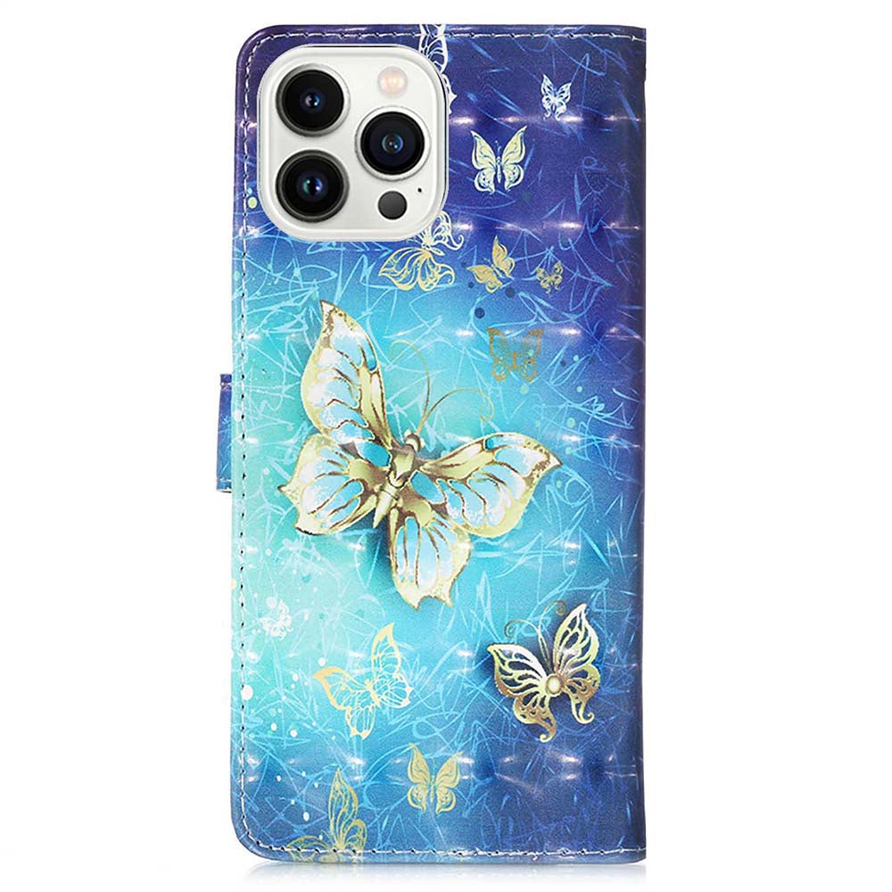 YB Pattern Printing Leather Series-2 for iPhone 15 Pro Max Wallet Phone Case 3D Pattern Printed Stand Cover - Golden Butterflies