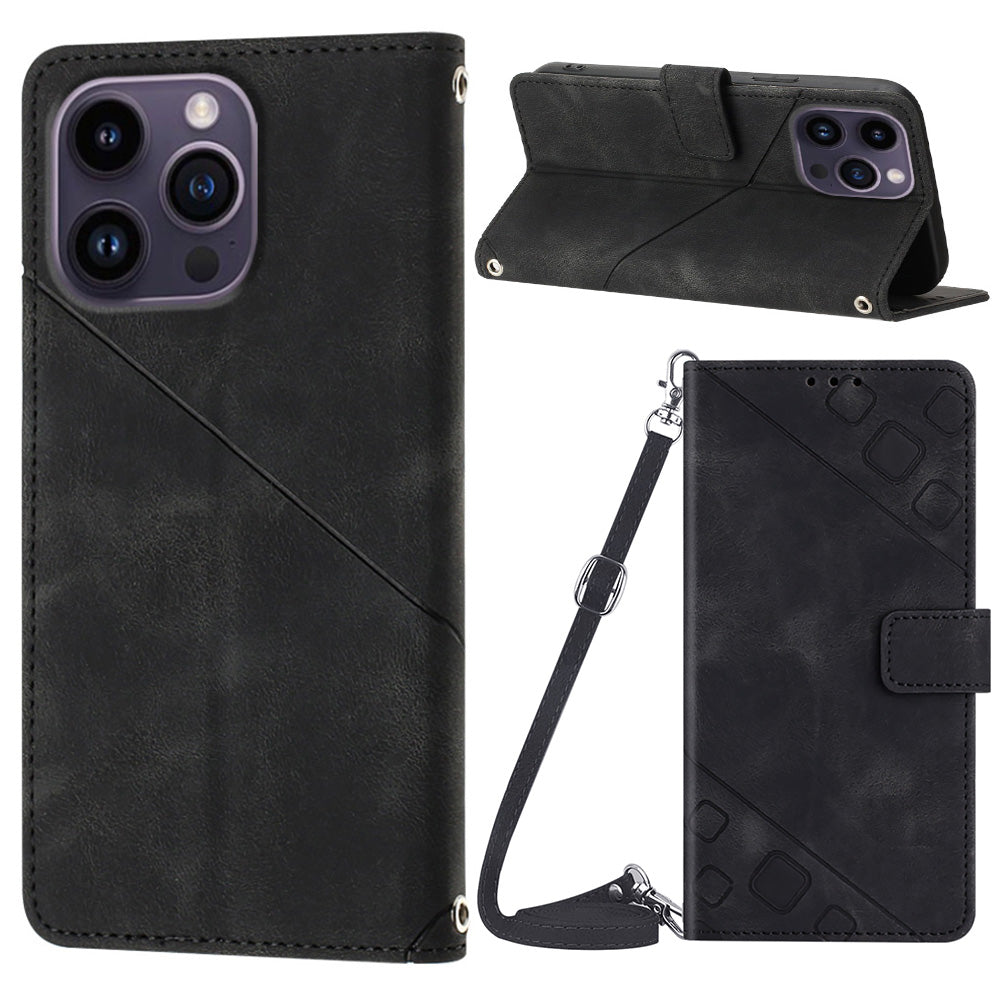 PT005 YB Imprinting Series-7 for iPhone 15 Pro Max Wallet Phone Case PU Leather Stand Cover with Shoulder Strap - Black