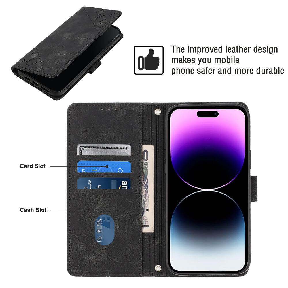 PT005 YB Imprinting Series-7 for iPhone 15 Pro Max Wallet Phone Case PU Leather Stand Cover with Shoulder Strap - Black