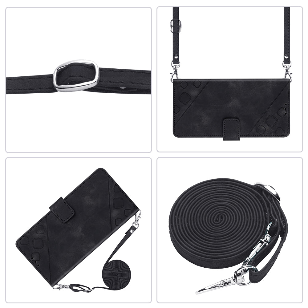 PT005 YB Imprinting Series-7 for iPhone 15 Pro Max Wallet Phone Case PU Leather Stand Cover with Shoulder Strap - Black