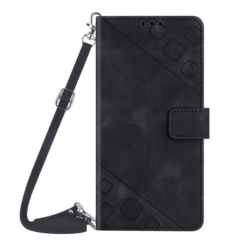 PT005 YB Imprinting Series-7 for iPhone 15 Pro Max Wallet Phone Case PU Leather Stand Cover with Shoulder Strap - Black