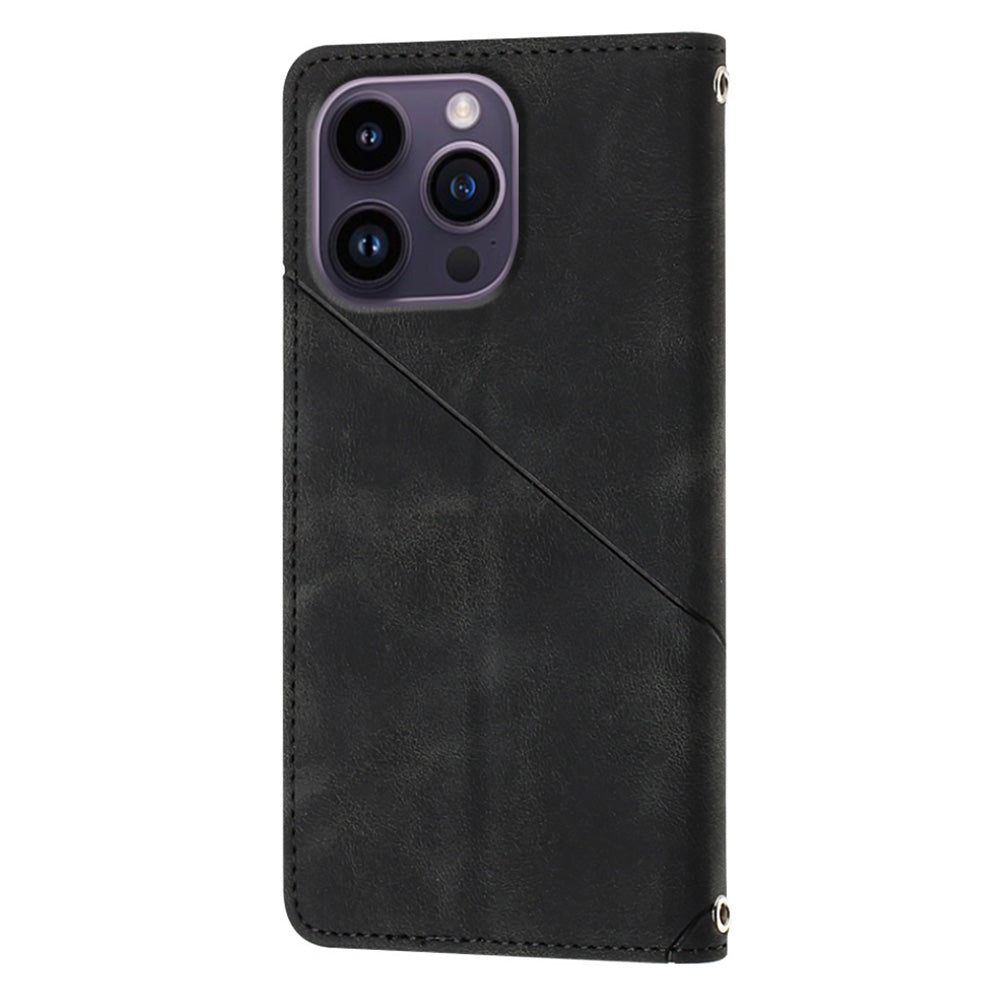 PT005 YB Imprinting Series-7 for iPhone 15 Pro Max Wallet Phone Case PU Leather Stand Cover with Shoulder Strap - Black