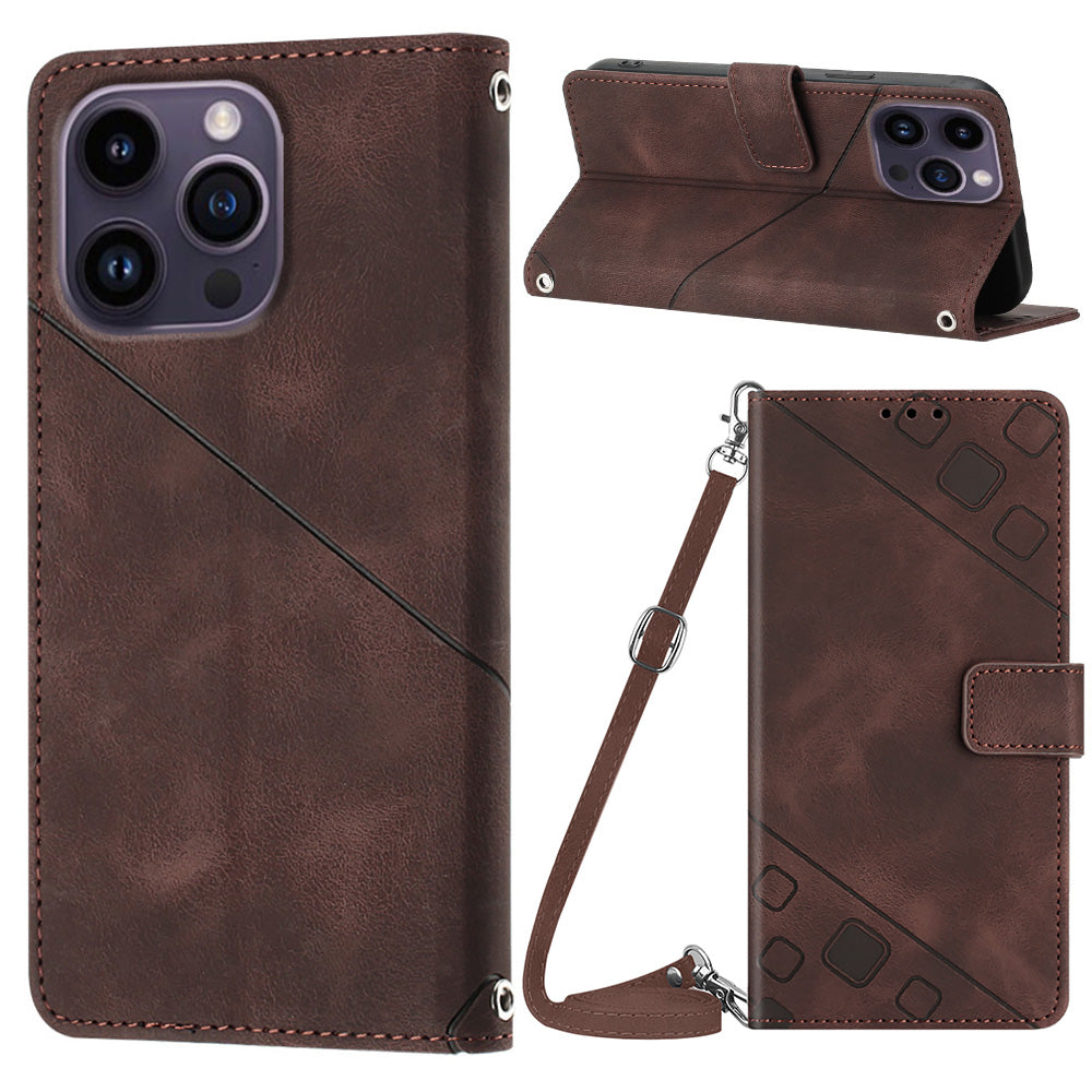 PT005 YB Imprinting Series-7 for iPhone 15 Pro Max Wallet Phone Case PU Leather Stand Cover with Shoulder Strap - Brown