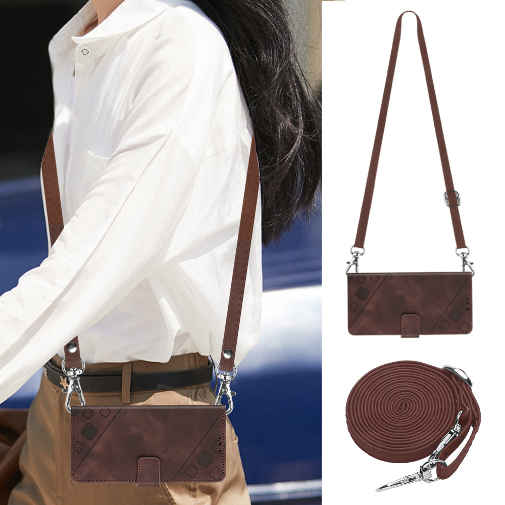 PT005 YB Imprinting Series-7 for iPhone 15 Pro Max Wallet Phone Case PU Leather Stand Cover with Shoulder Strap - Brown