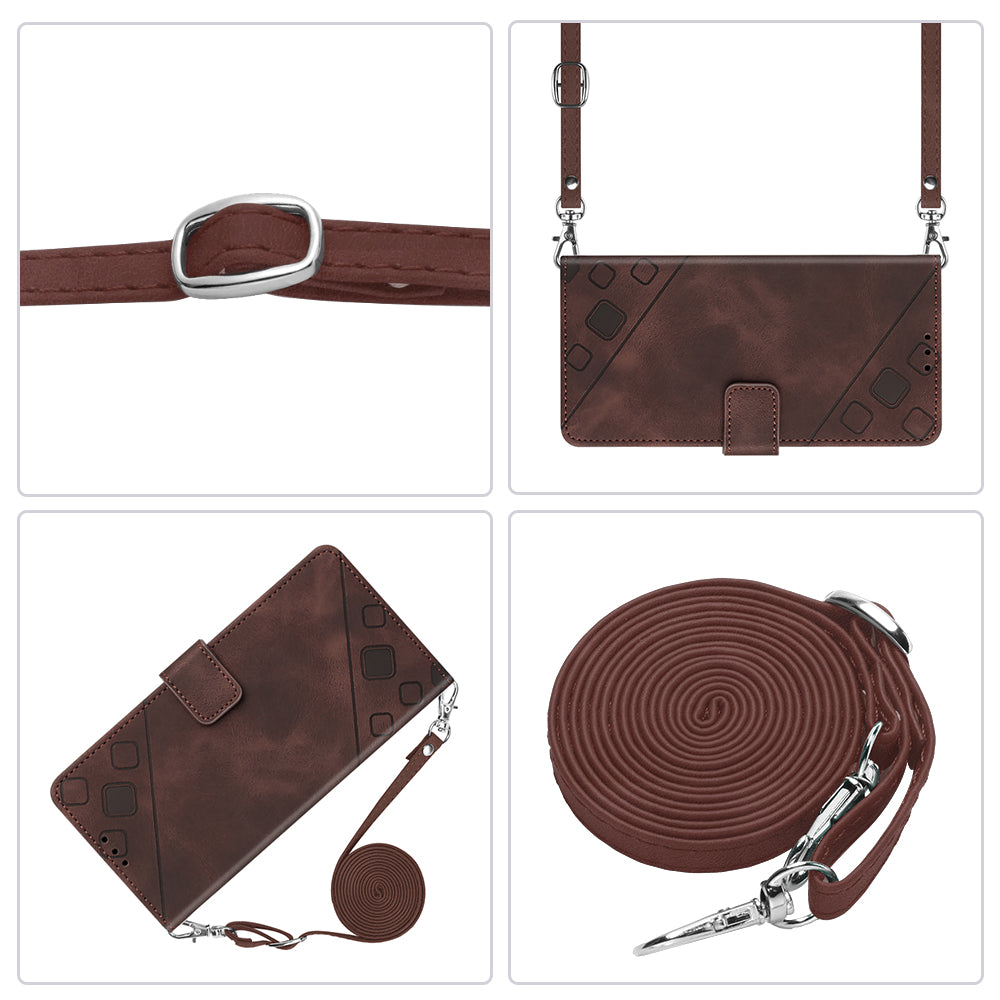 PT005 YB Imprinting Series-7 for iPhone 15 Pro Max Wallet Phone Case PU Leather Stand Cover with Shoulder Strap - Brown