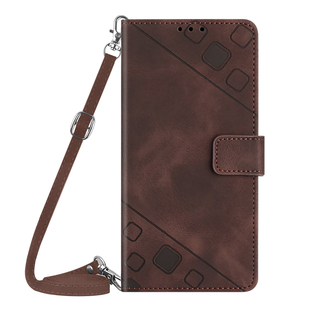 PT005 YB Imprinting Series-7 for iPhone 15 Pro Max Wallet Phone Case PU Leather Stand Cover with Shoulder Strap - Brown