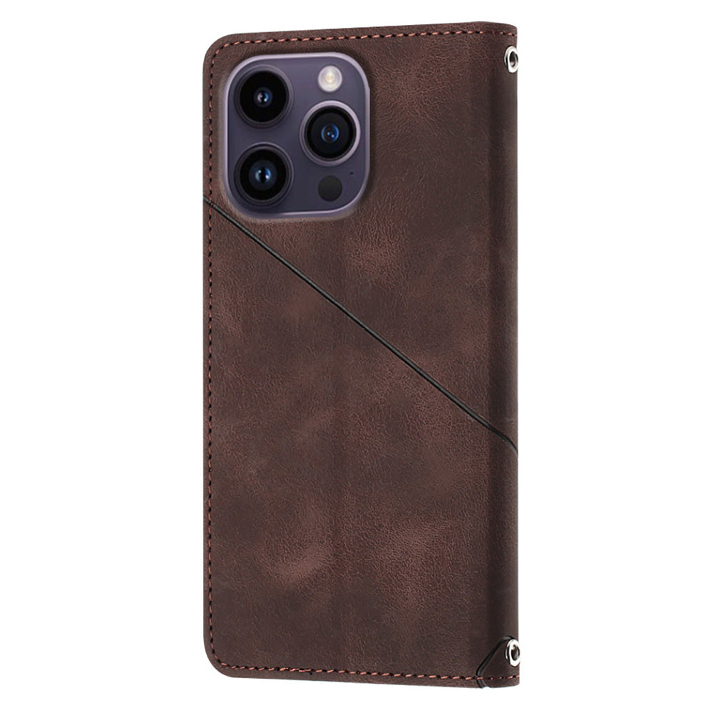PT005 YB Imprinting Series-7 for iPhone 15 Pro Max Wallet Phone Case PU Leather Stand Cover with Shoulder Strap - Brown