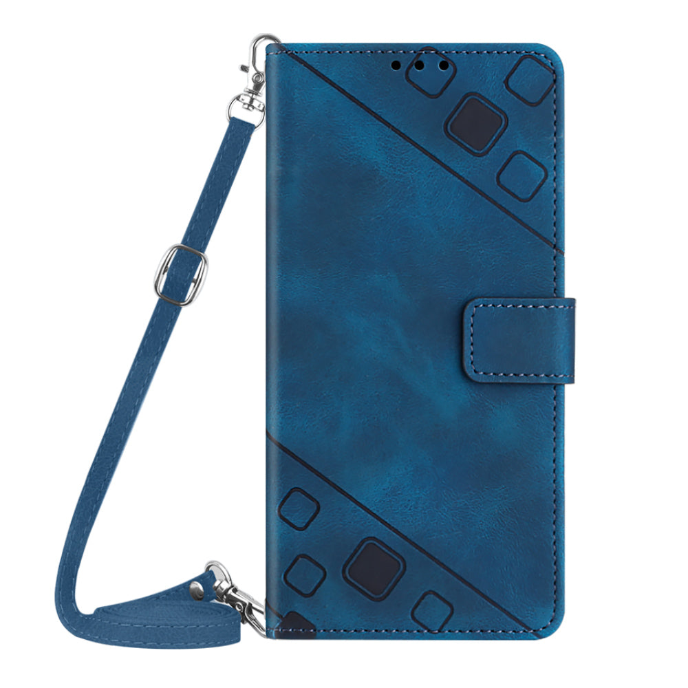 PT005 YB Imprinting Series-7 for iPhone 15 Pro Max Wallet Phone Case PU Leather Stand Cover with Shoulder Strap - Sapphire