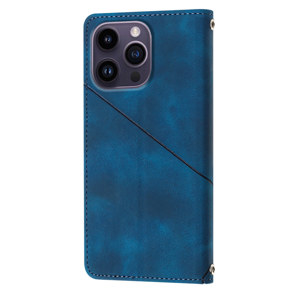 PT005 YB Imprinting Series-7 for iPhone 15 Pro Max Wallet Phone Case PU Leather Stand Cover with Shoulder Strap - Sapphire