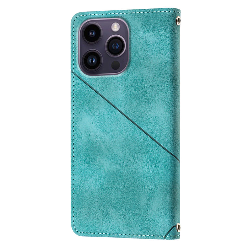 PT005 YB Imprinting Series-7 for iPhone 15 Pro Max Wallet Phone Case PU Leather Stand Cover with Shoulder Strap - Green