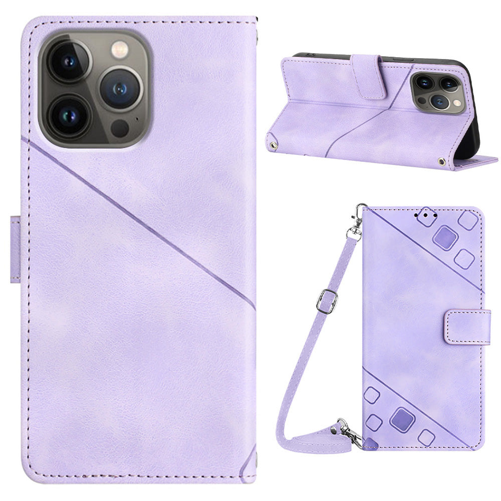 PT005 YB Imprinting Series-7 for iPhone 15 Pro Wallet Skin-touch Feeling Leather Cover Mobile Phone Stand Case - Light Purple