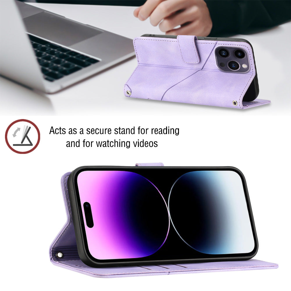 PT005 YB Imprinting Series-7 for iPhone 15 Pro Wallet Skin-touch Feeling Leather Cover Mobile Phone Stand Case - Light Purple