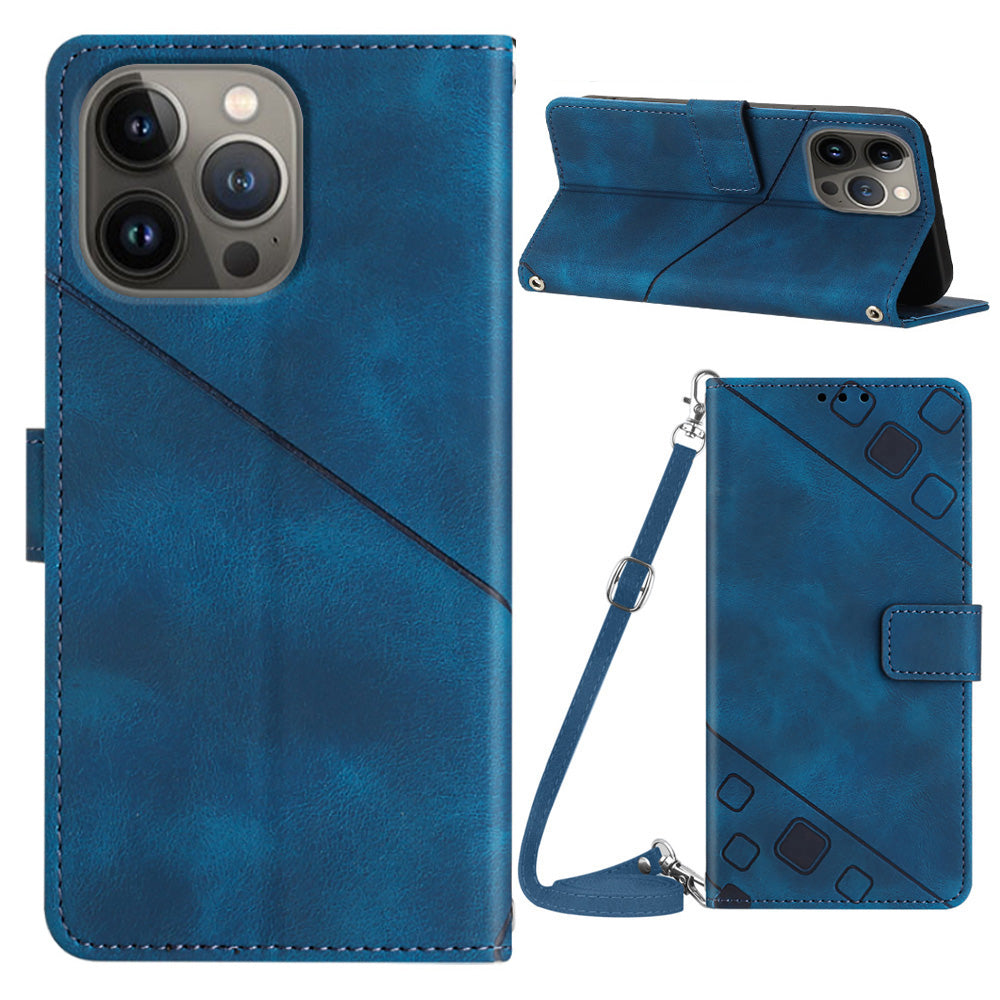 PT005 YB Imprinting Series-7 for iPhone 15 Pro Wallet Skin-touch Feeling Leather Cover Mobile Phone Stand Case - Sapphire