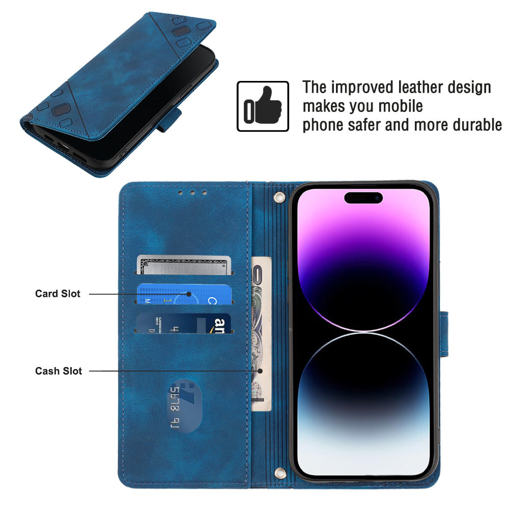 PT005 YB Imprinting Series-7 for iPhone 15 Pro Wallet Skin-touch Feeling Leather Cover Mobile Phone Stand Case - Sapphire