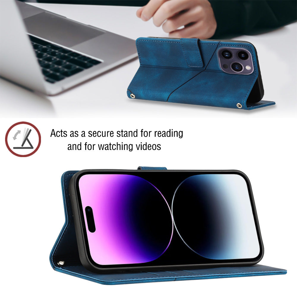 PT005 YB Imprinting Series-7 for iPhone 15 Pro Wallet Skin-touch Feeling Leather Cover Mobile Phone Stand Case - Sapphire