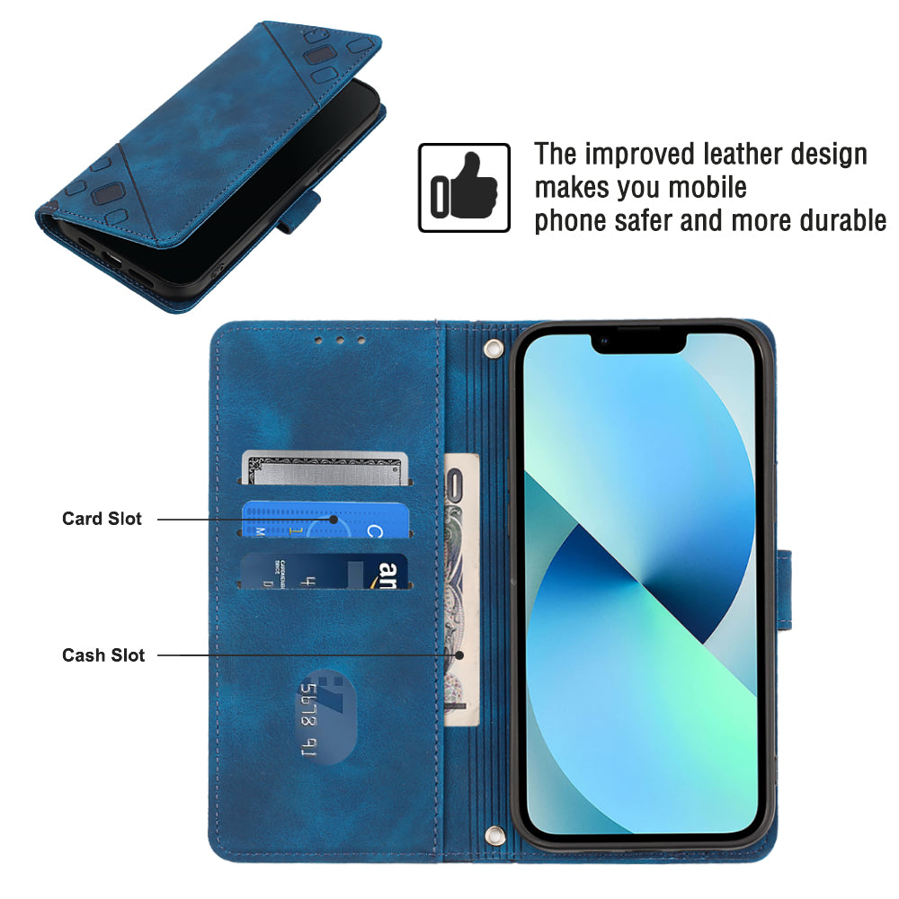 PT005 YB Imprinting Series-7 for iPhone 15 Cell Phone Stand Case Skin-touch Feeling Leather Cover Wallet - Sapphire