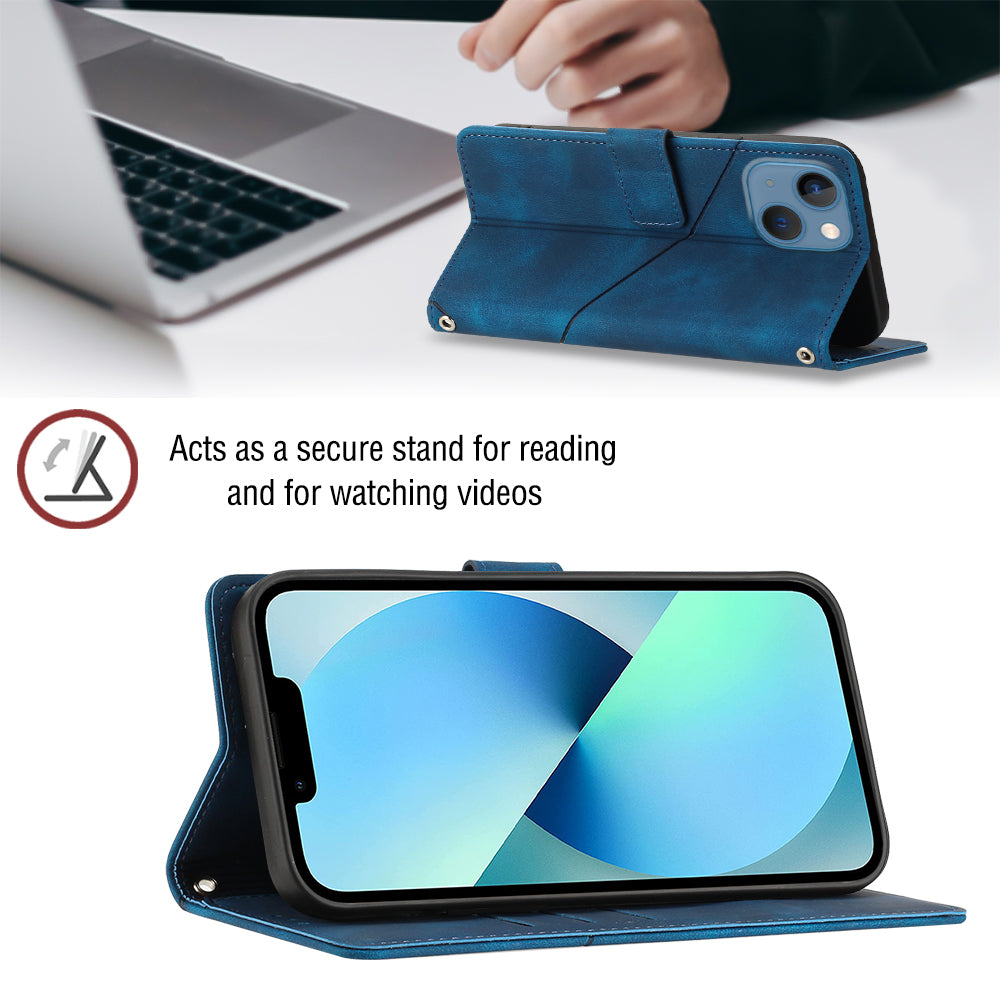PT005 YB Imprinting Series-7 for iPhone 15 Cell Phone Stand Case Skin-touch Feeling Leather Cover Wallet - Sapphire