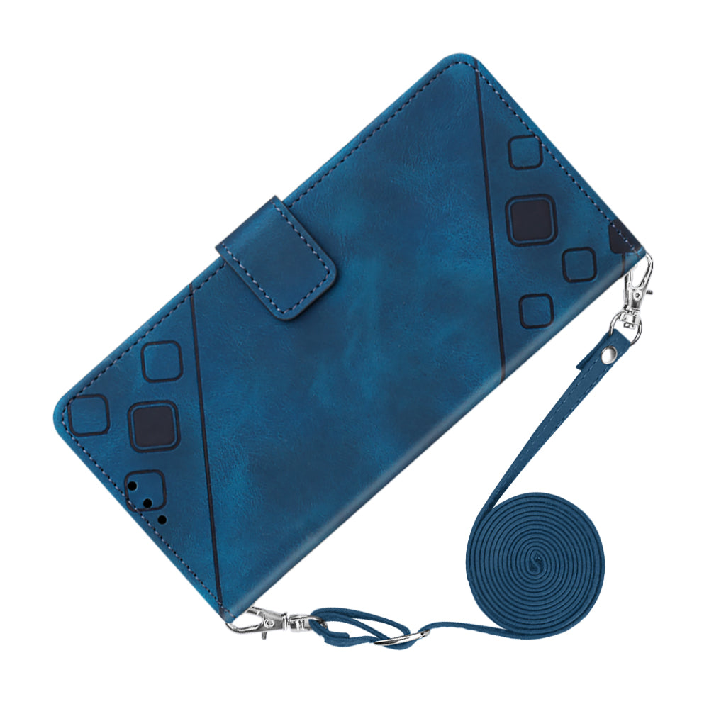 PT005 YB Imprinting Series-7 for iPhone 15 Cell Phone Stand Case Skin-touch Feeling Leather Cover Wallet - Sapphire