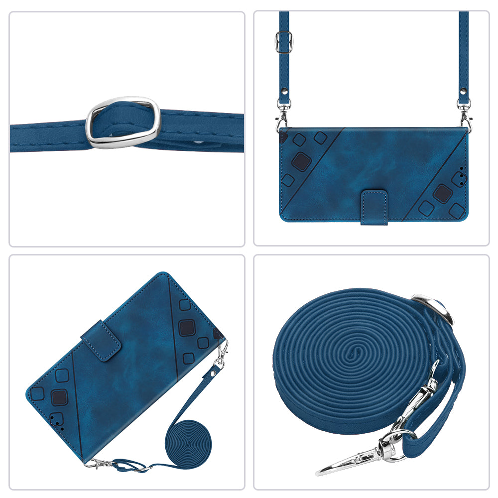 PT005 YB Imprinting Series-7 for iPhone 15 Cell Phone Stand Case Skin-touch Feeling Leather Cover Wallet - Sapphire