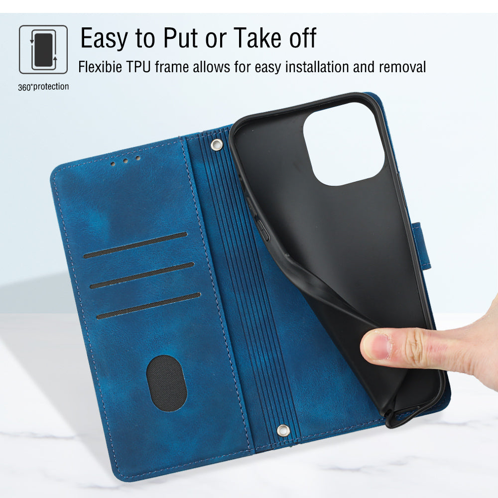 PT005 YB Imprinting Series-7 for iPhone 15 Cell Phone Stand Case Skin-touch Feeling Leather Cover Wallet - Sapphire