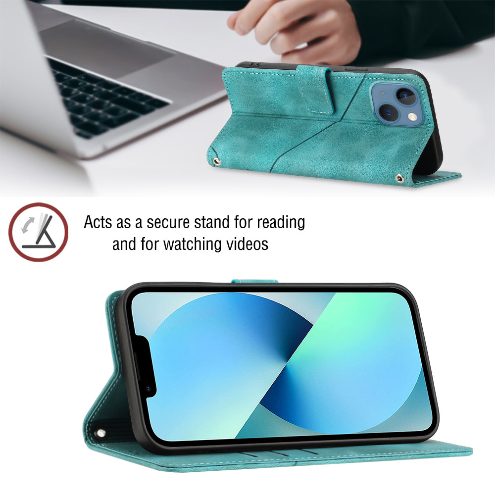 PT005 YB Imprinting Series-7 for iPhone 15 Cell Phone Stand Case Skin-touch Feeling Leather Cover Wallet - Green