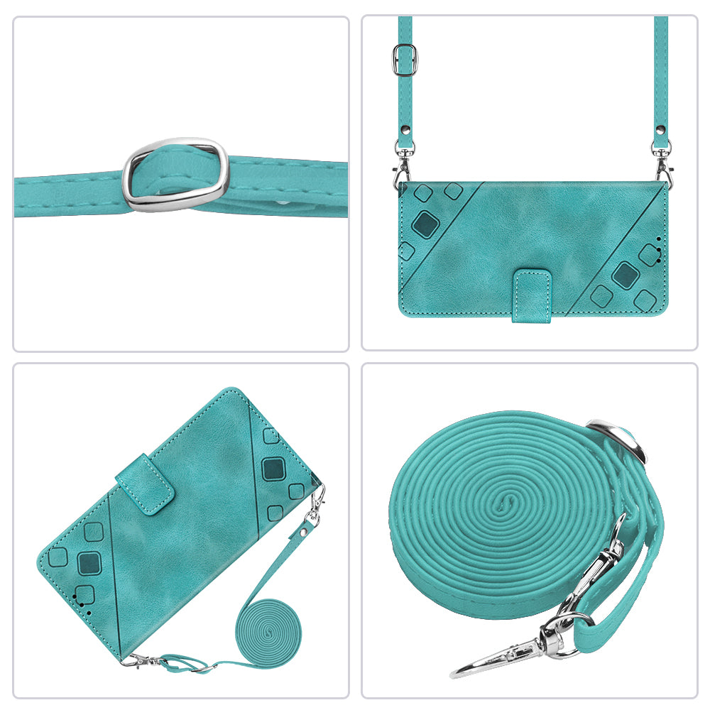 PT005 YB Imprinting Series-7 for iPhone 15 Cell Phone Stand Case Skin-touch Feeling Leather Cover Wallet - Green