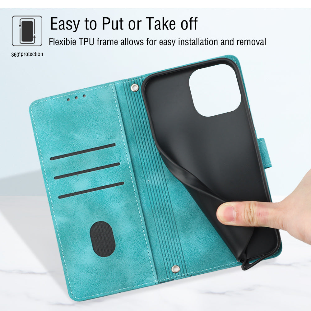 PT005 YB Imprinting Series-7 for iPhone 15 Cell Phone Stand Case Skin-touch Feeling Leather Cover Wallet - Green