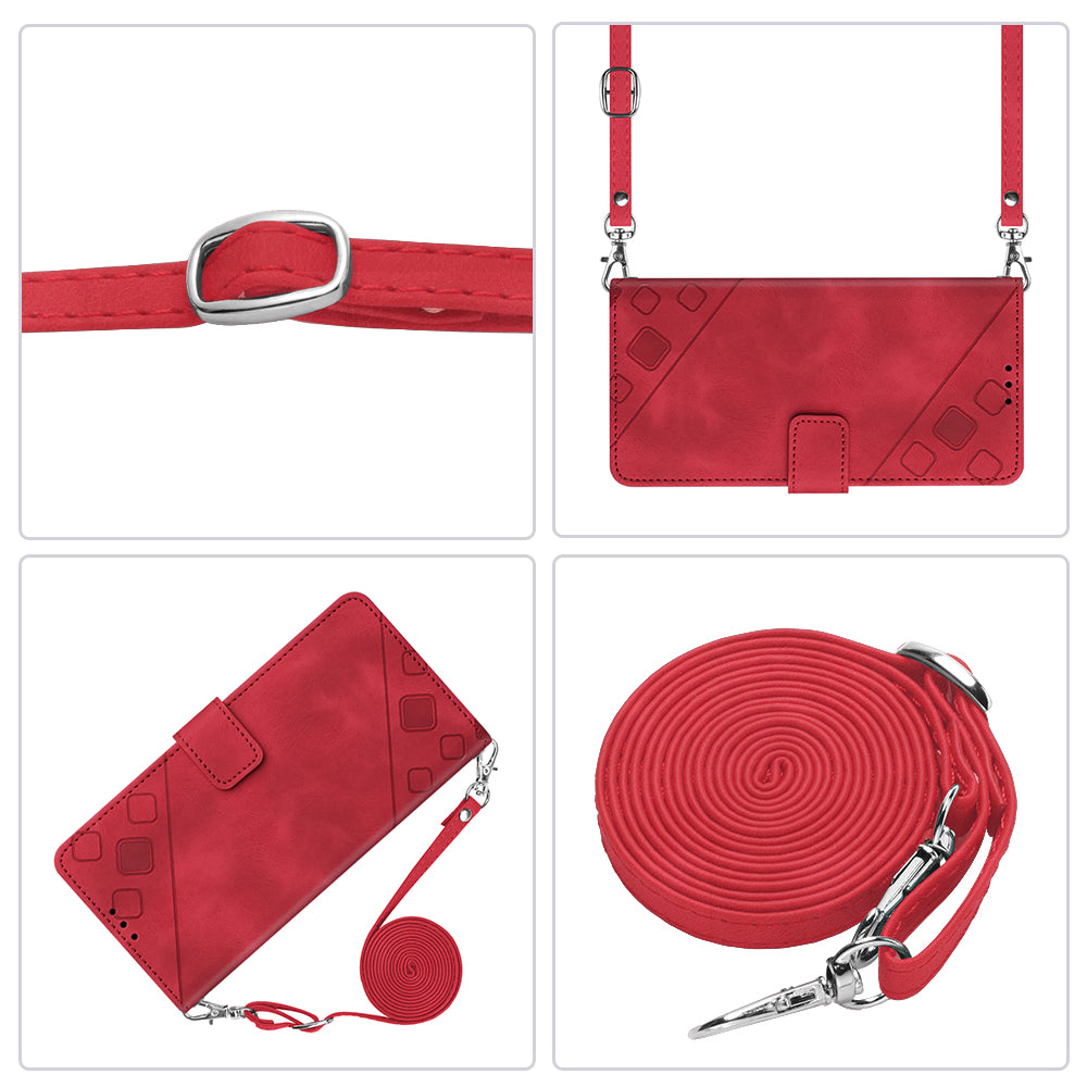PT005 YB Imprinting Series-7 for iPhone 15 Cell Phone Stand Case Skin-touch Feeling Leather Cover Wallet - Red