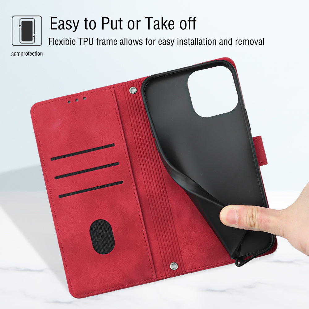PT005 YB Imprinting Series-7 for iPhone 15 Cell Phone Stand Case Skin-touch Feeling Leather Cover Wallet - Red