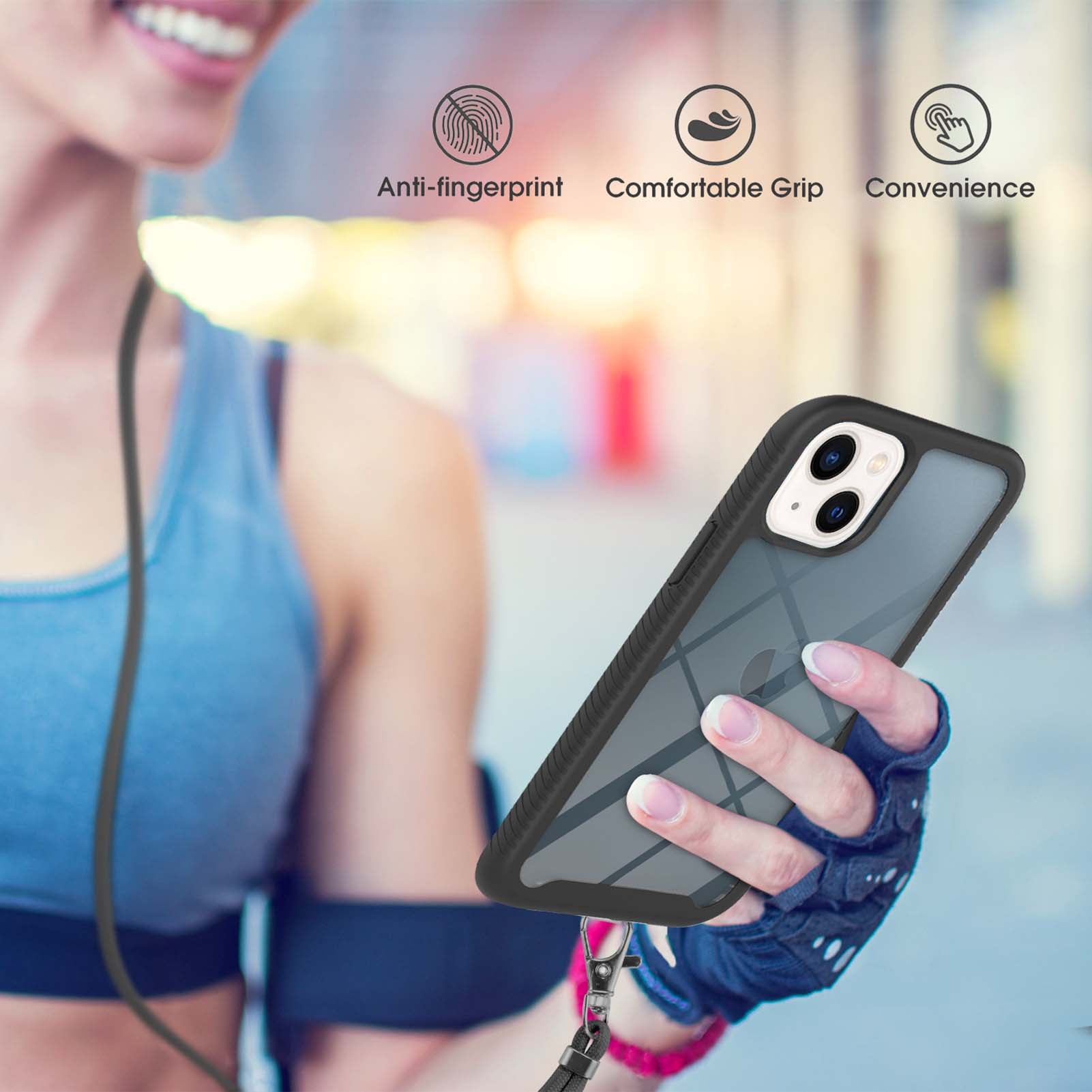 YB PC Series-4 for iPhone 15 Plus Anti-drop Phone Case PC+TPU Anti-Scratch Cover with Lanyard - Black