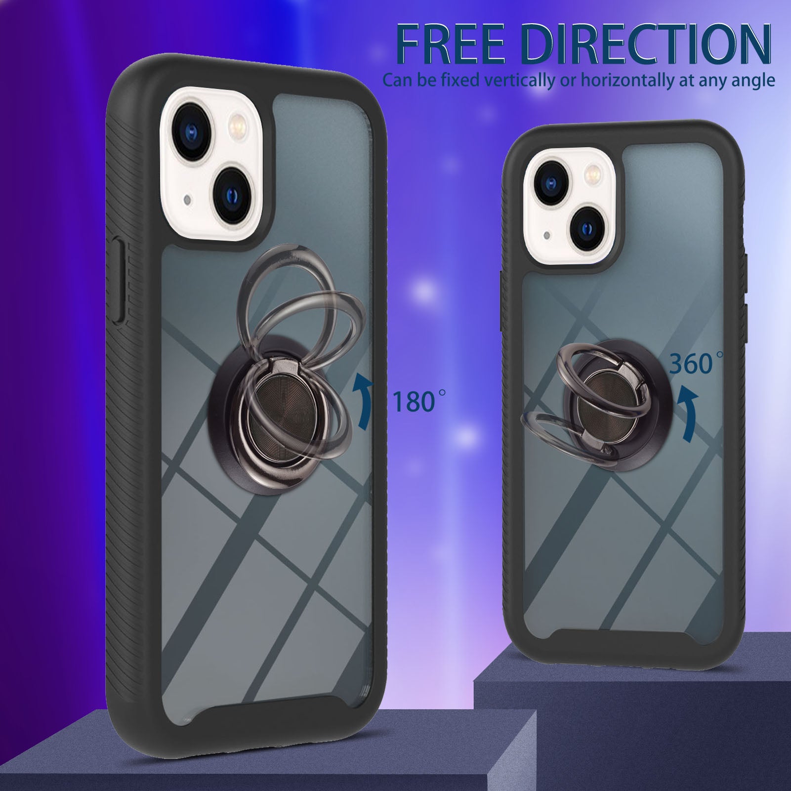 YB PC Series-5 for iPhone 15 Protective Case PC+TPU Ring Kickstand Phone Cover - Black