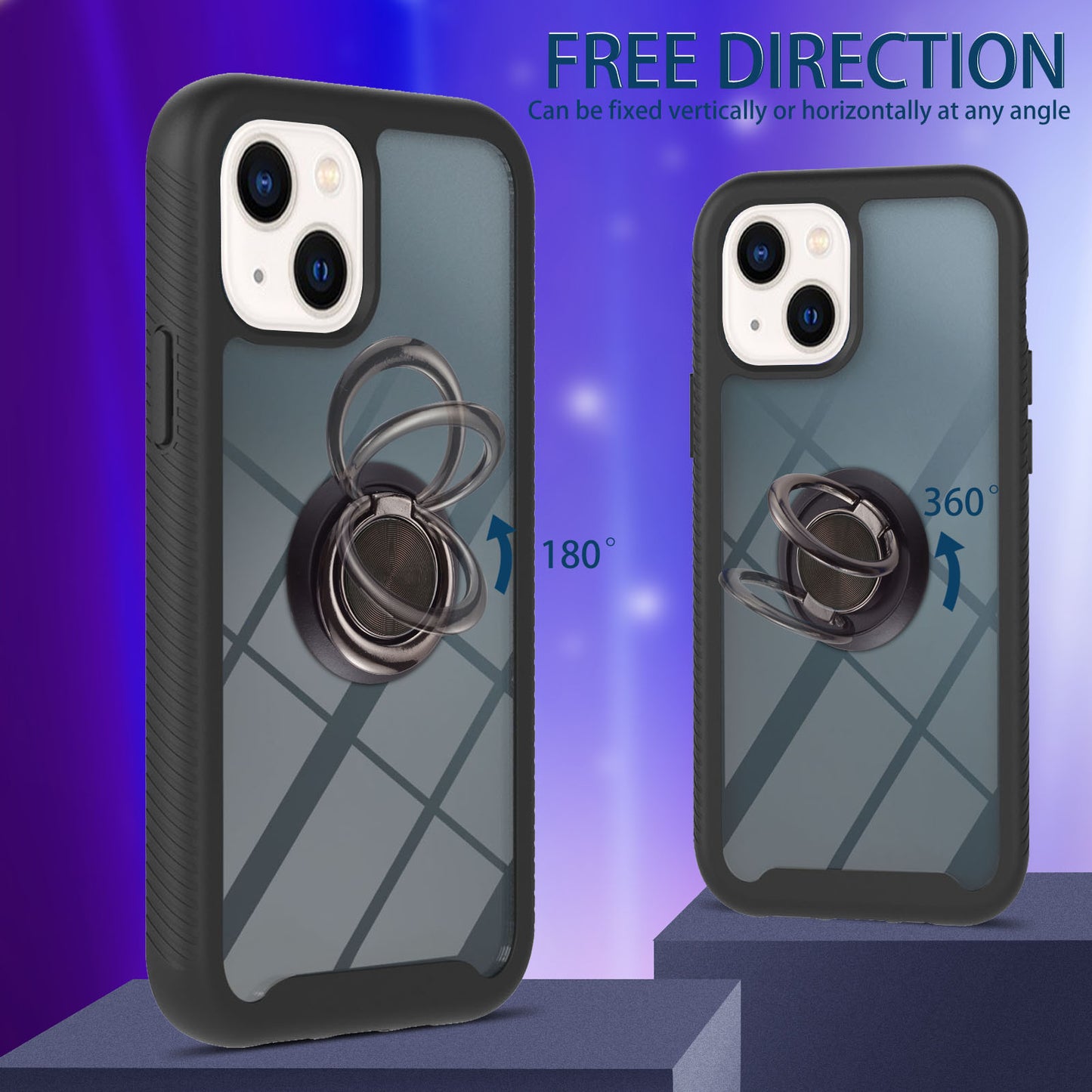YB PC Series-5 for iPhone 15 Protective Case PC+TPU Ring Kickstand Phone Cover - Black
